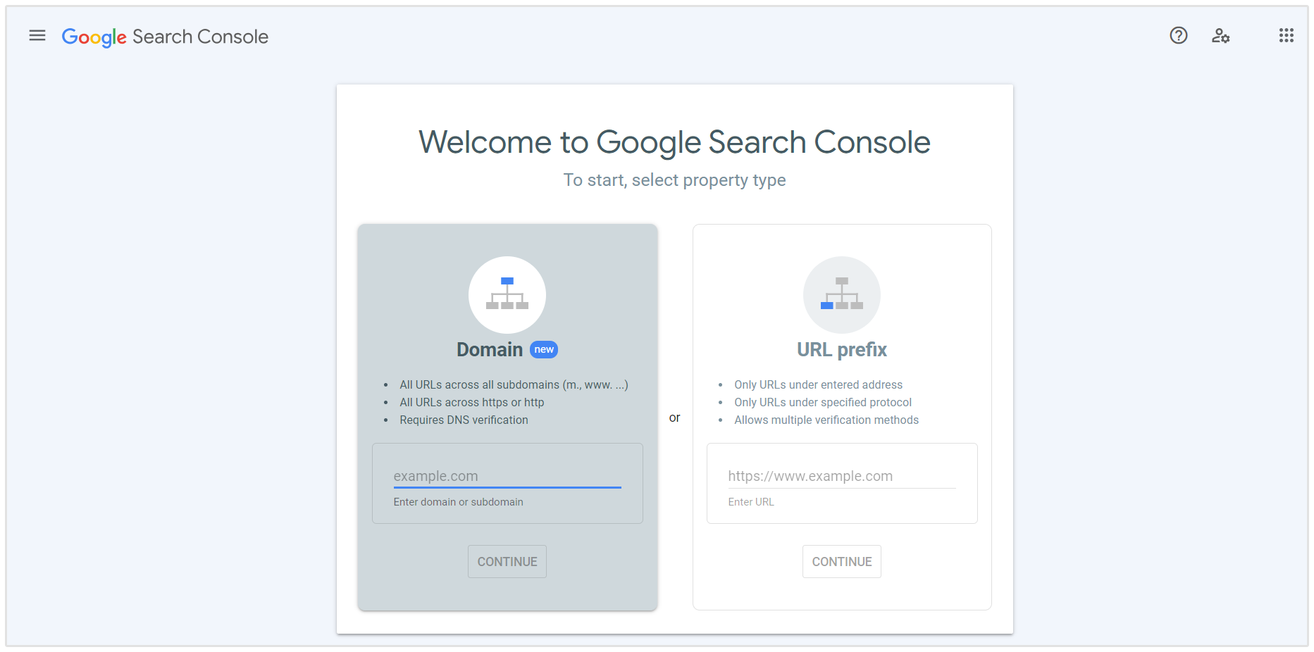 Sélectionnez le type de propriété dans Google Search Console